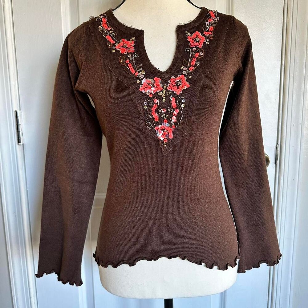 De Coded Women's Brown Sweater Floral Sequins Lettuce Trim, M Y2K GoblinCore